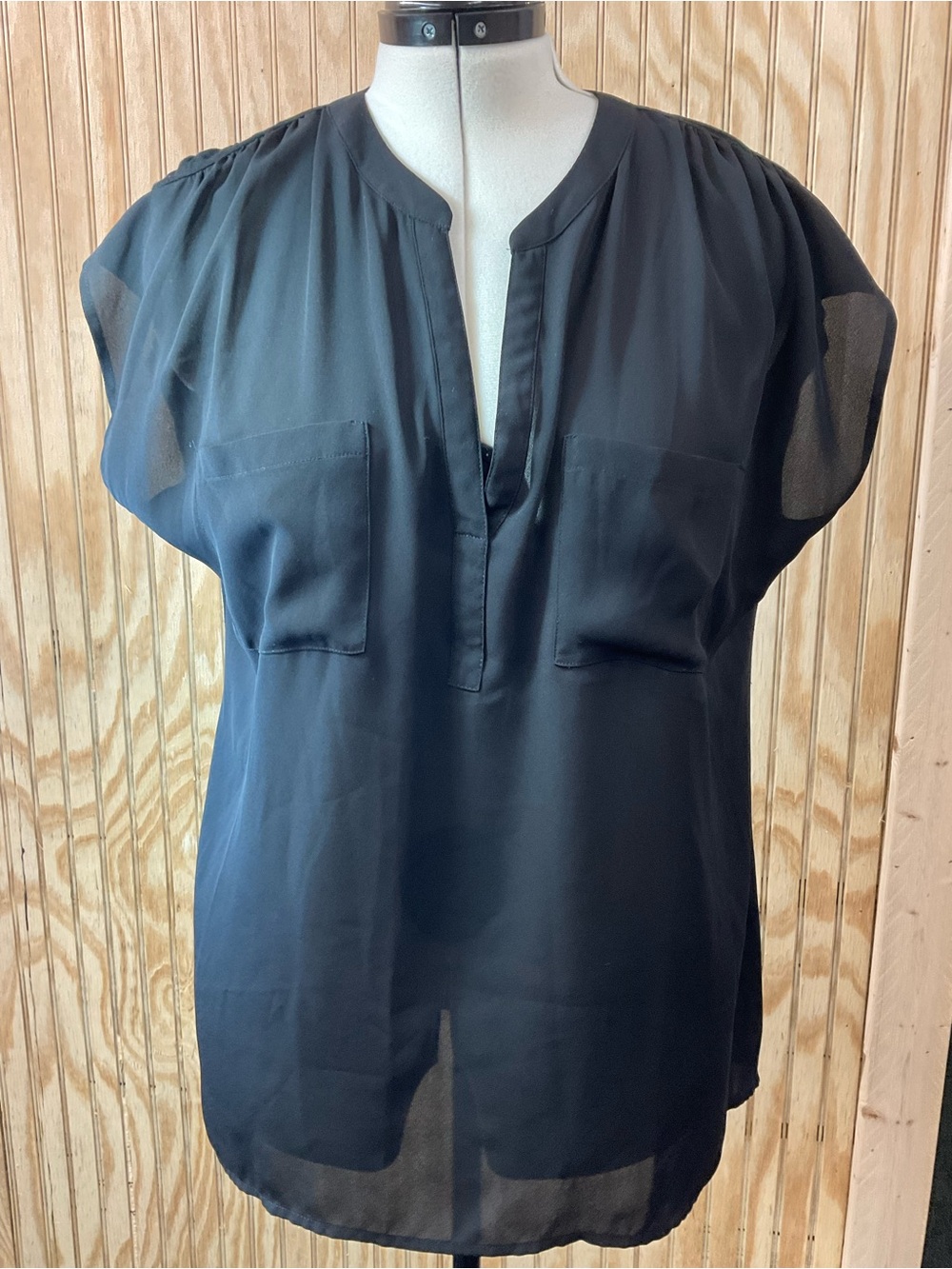 INC International Concepts Black Split V-Neck Sheer Blouse